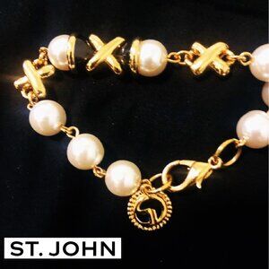 ST. JOHN Signed VINTAGE Pearl and X-Shaped Gold Tone Black Enamel Long Necklace
